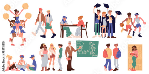 University graduate. Students education. College classmates life. Friends group study. School campus park. Young people walk or talk. Academy library. Teacher at blackboard. Vector happy bachelors set