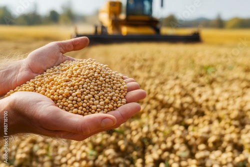 Young farmer holding soybean grain with combine harvester in the background on a vibrant field