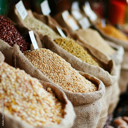 Sacos de granos y legumbres en un mercado local, mostrando productos naturales y a granel