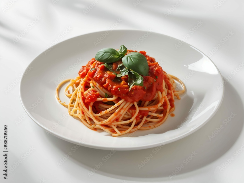 Spaghetti topped with rich Tomato Sauce and Fresh Basil Spaghetti topped with rich Tomato Sauce and Fresh Basil