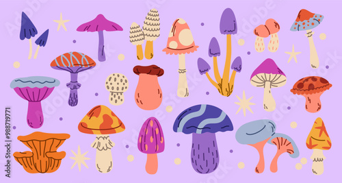 Mushroom space. Pattern nature retro isolated doodle elements. Print vintage psychedelic. Abstract mold fly agaric, fungus cartoon. Acid cute graphic hipster mystical groovy. Vector sticker collection