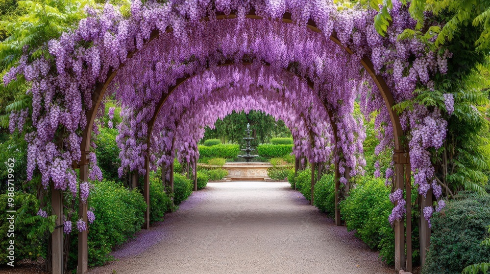 Obraz premium A romantic garden pathway framed by arched trellises covered in blooming wisteria, leading toward a hidden fountain at the end of the way