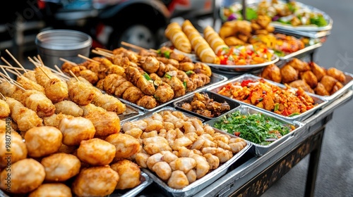 A vibrant display of various street foods showcasing delicious fried snacks and colorful ingredients, perfect for food lovers.