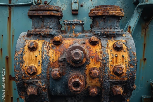 Close-up of a marine engine with rusted bolts and weathered surfaces, showing age and wear, engine, close-up, marine, rugged photo