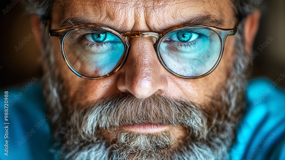 Close-up portrait of an older man with blue eyes and glasses Close-up portrait of an older man with blue eyes and glasses