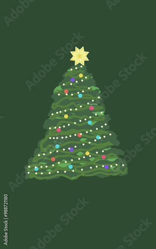 Decorated Christmas tree on green background greeting card design
