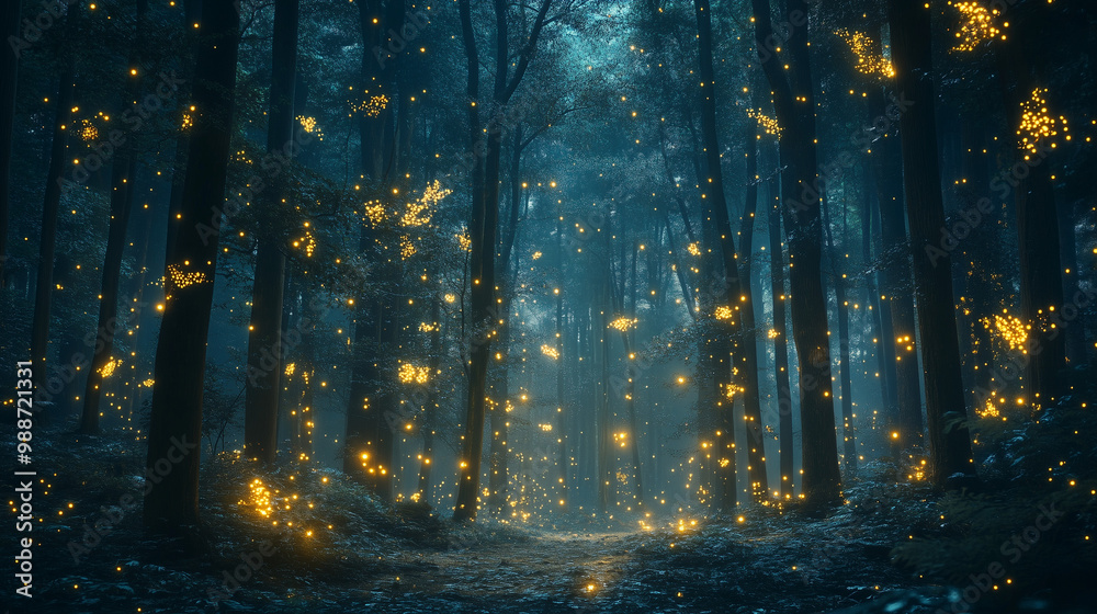 Fototapeta premium Czarujący las nocą, gdzie miękkie, świecące światła otaczają roślinność, tworząc iluzję bajkowego miejsca.