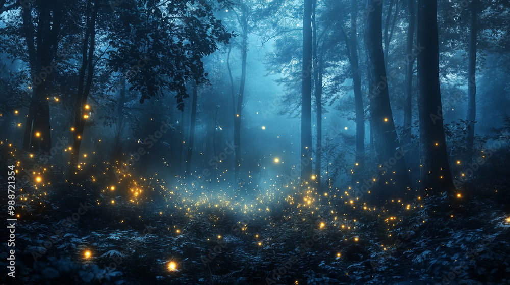 Naklejka premium Czarujący las nocą, gdzie miękkie, świecące światła otaczają roślinność, tworząc iluzję bajkowego miejsca.