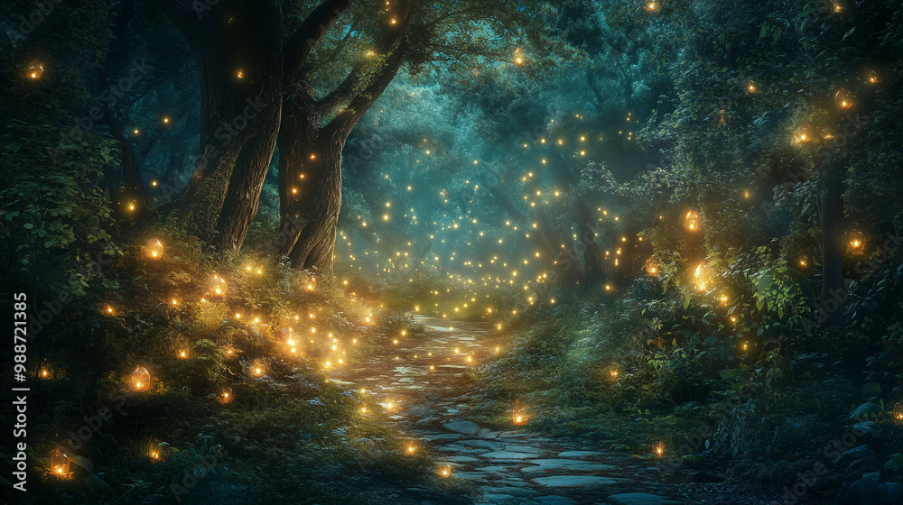 Fototapeta premium Czarujący las nocą, gdzie miękkie, świecące światła otaczają roślinność, tworząc iluzję bajkowego miejsca.