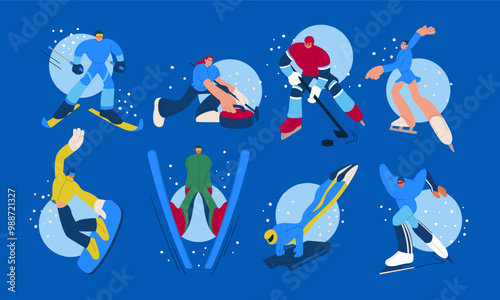 Winter sport. Ski and skates. Hockey play on ice. Bobsleigh sportsman. Athlete speed riding on snow. Active vacation resort. Holidays in cold mountains. Snowboard slope. Vector athletic activities set