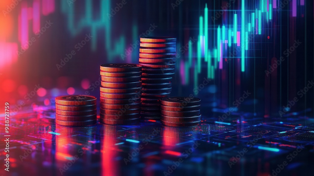 glowing stack of coins with an ascending graph hologram symbolizing financial growth futuristic elements blend with traditional currency in a striking visual metaphor for investment success glowing stack of coins with an ascending graph hologram symbolizing financial growth futuristic elements blend with traditional currency in a striking visual metaphor for investment success