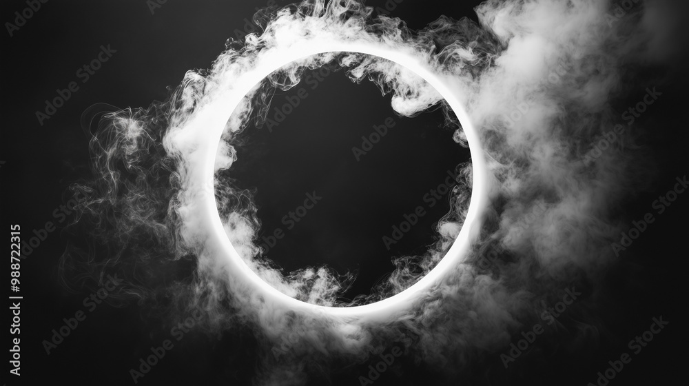 Fototapeta premium Białe, wirujące chmury dymu tworzą tajemniczą ramkę na czarnym tle.