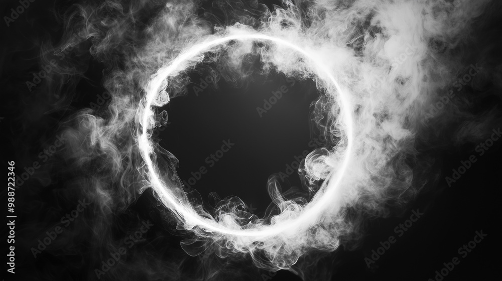 Obraz premium Białe, wirujące chmury dymu tworzą tajemniczą ramkę na czarnym tle.
