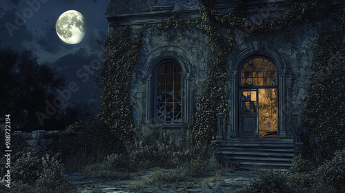 An abandoned haunted house with shattered windows and ivy-covered walls, illuminated by a full moon.