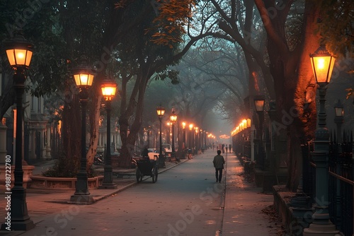 Mysterious Foggy Alleyway with Streetlights and a Lone Walker