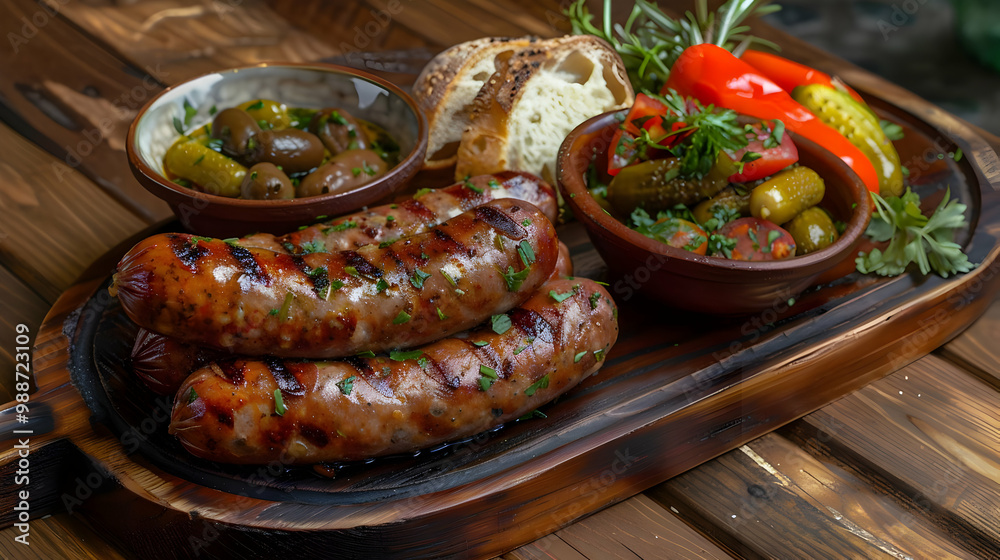 Grilled Sausages with Pickles, Olives, and Bread: A Rustic Appetizer Grilled Sausages with Pickles, Olives, and Bread: A Rustic Appetizer