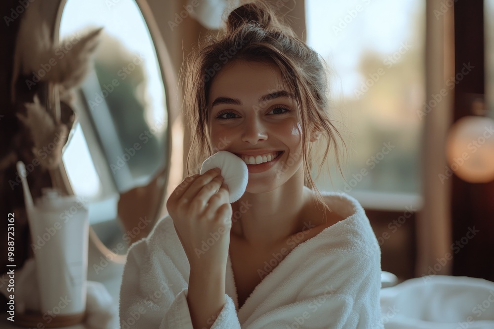 Beautiful woman smiling and applying face cream in front of the mirror at home. Beautiful woman smiling and applying face cream in front of the mirror at home.