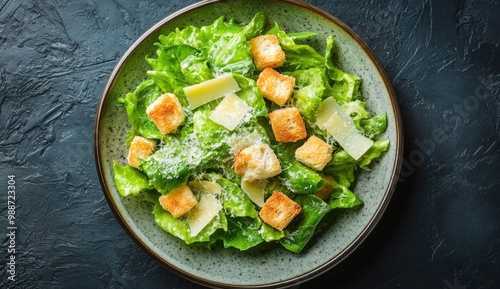 Ceramic plate with Caesar salad on a dark background, top view.