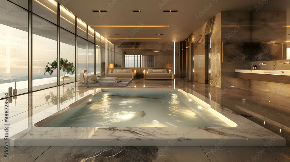Obraz premium Modern Luxury Home Interior with Indoor Pool and Stunning Views