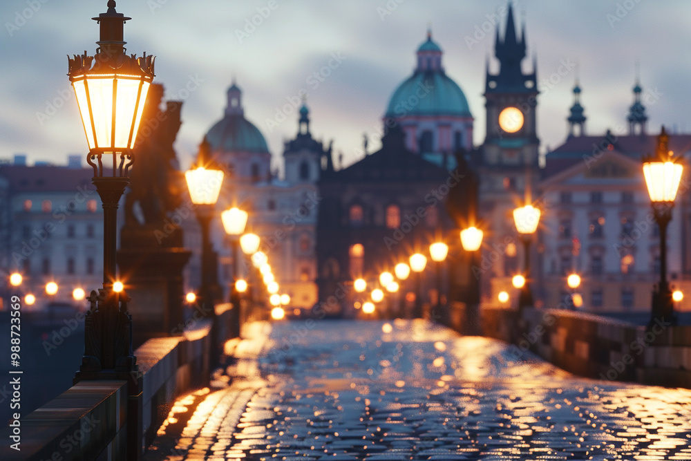 Fototapeta premium Historic Cityscape with Cobblestone Streets and Classic Architecture Bathed in Soft Evening Light – Blurred Street Lamps Create a Nostalgic Atmosphere Perfect for Travel and History Enthusiasts