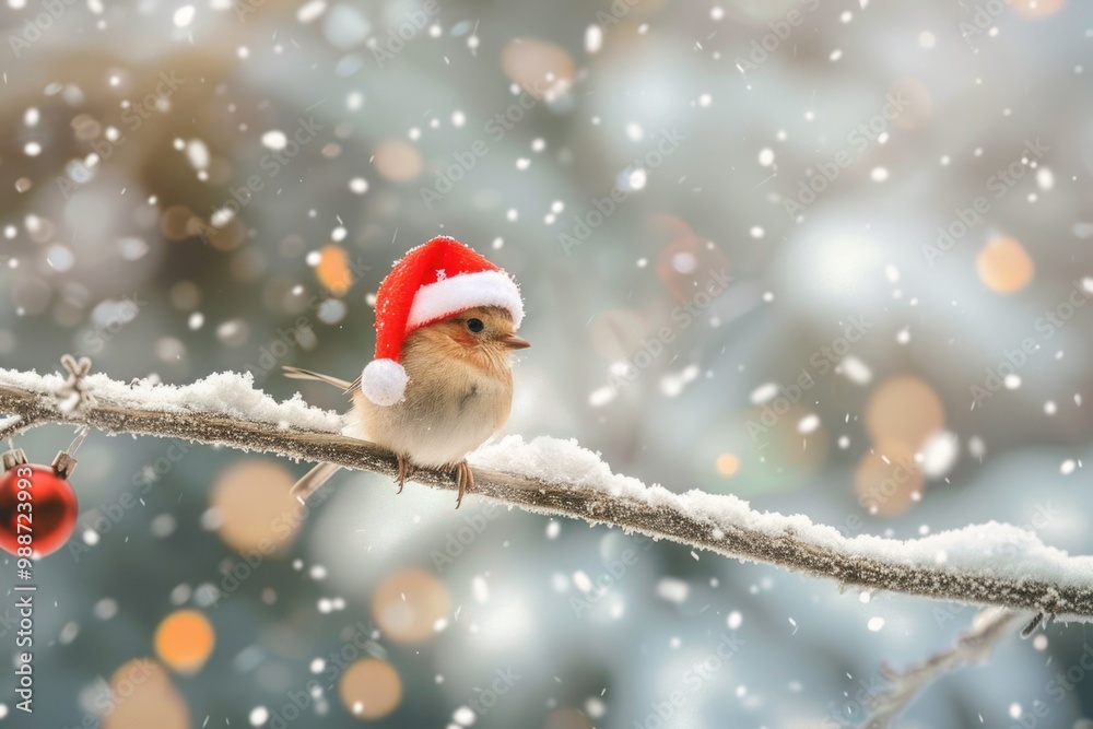 Christmas Bird. Funny Bird in Red Cap Dancing on Snowy Branch Holiday Card Christmas Bird. Funny Bird in Red Cap Dancing on Snowy Branch Holiday Card