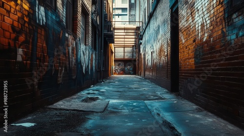 gritty urban alleyway with weathered brick walls and industrial elements moody lighting and graffiti details create a raw authentic backdrop perfect for edgy fashion or musicrelated imagery photo