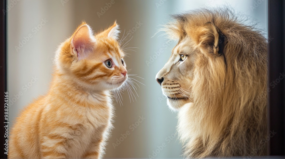 Fototapeta premium A cute kitten looking at its reflection in a mirror, where an elegant lion stares back, symbolizing confidence and self-belief.
