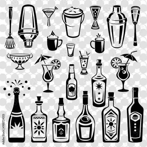 
set of barware and alcoholic drinks