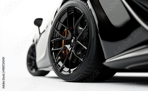 Close-up of a black sports car wheel on a white background.