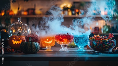 11. Kitchen counter filled with Halloween punch bowls, spooky cocktails with smoke effects, and bowls of themed candy photo