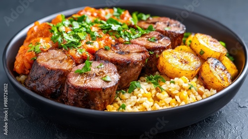 Delicious Meal with Meat, Rice, and Plantains