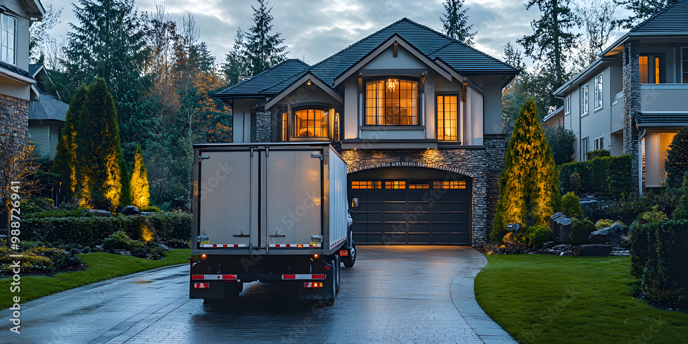 Obraz premium Open moving truck in driveway of upscale suburban house, wide banner