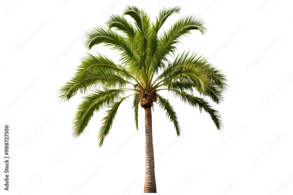 A single palm tree standing tall with a smooth brown trunk and radiating green leaves, perfectly centered on a plain white background A single palm tree standing tall with a smooth brown trunk and radiating green leaves, perfectly centered on a plain white background