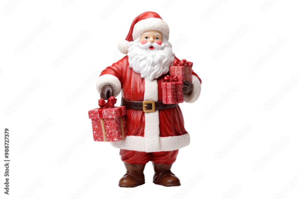 A traditional Santa Claus figurine wearing a red suit with white fur trim, holding a sack of gifts, isolated on a white background A traditional Santa Claus figurine wearing a red suit with white fur trim, holding a sack of gifts, isolated on a white background