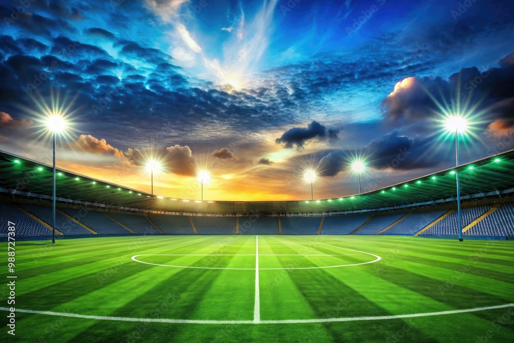 A lush green soccer field stretches out beneath a brilliant blue sky, illuminated by radiant stadium lights shining down from above. A lush green soccer field stretches out beneath a brilliant blue sky, illuminated by radiant stadium lights shining down from above.