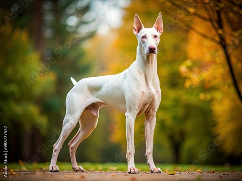A majestic albino Doberman Pinscher stands tall outdoors, its rare white coat glistening in the sunlight as it fixes its piercing gaze on the camera.