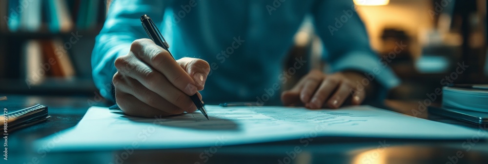 Person drafting a business proposal, softly blurred workspace background, focused atmosphere, organized materials, creative process in action Person drafting a business proposal, softly blurred workspace background, focused atmosphere, organized materials, creative process in action