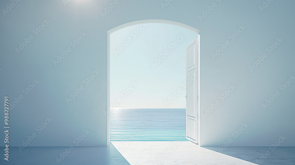 A white wall with an open door leading to the blue sea, through which the sun's rays shine through, light and shadow effects, high resolution A white wall with an open door leading to the blue sea, through which the sun's rays shine through, light and shadow effects, high resolution