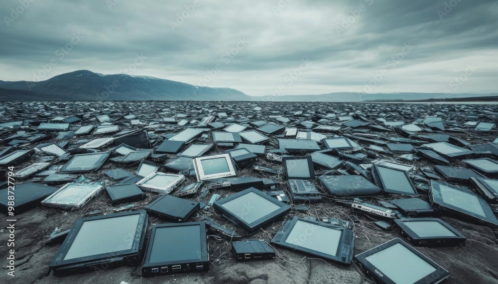 Fototapeta premium A barren landscape littered with broken electronics, symbolizing the environmental impact of ewaste, no blur, photo not dark, everything is clear, copy space