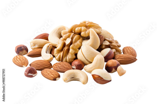 A variety of nuts including almonds, walnuts, and cashews scattered across a white background