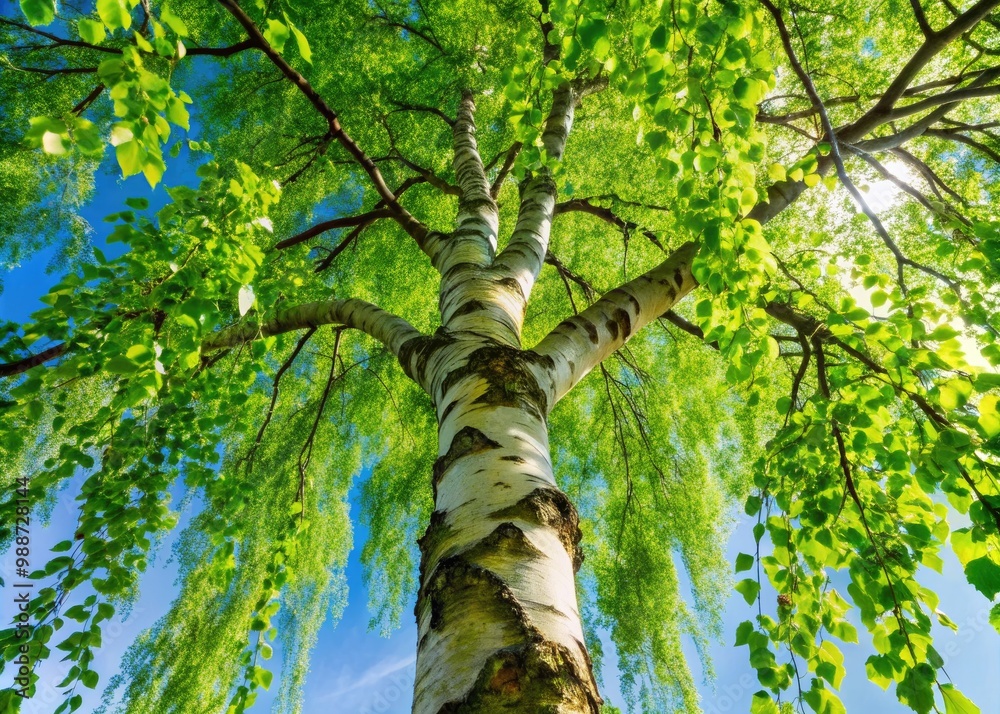 Fototapeta premium A majestic green-leaved birch tree's branches cascade downward, as if beckoning the earth itself to come closer, whispering secrets in the soft rustle of its leaves.