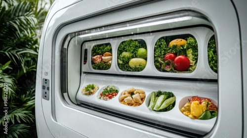 Futuristic food vending machine creating fresh meals on demand, food automation, hightech food solutions, no blur, photo not dark, everything is clear, copy space photo