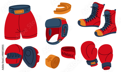 set of flat boxing accessories for training. Boxing gloves, helmet, punching gloves, mouth guard, shorts, bandage, boots. collection of sports items in red, blue, yellow colors. Isolated on white