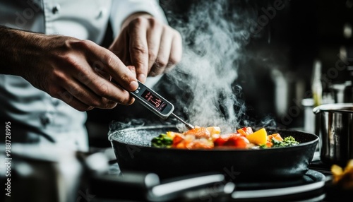 Hands using a digital thermometer in a hightech commercial kitchen for precise cooking