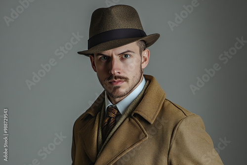 Male detective wearing costume on dark background