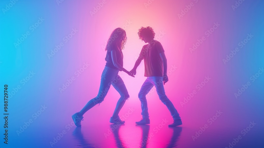 Vibrant image of young African-American couple dancing in neon-lit disco setting. Joyful, energetic atmosphere with close dance and happy expressions.