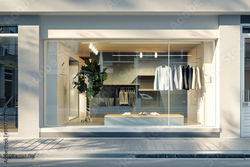 Clothes shop window mockup furniture boutique plant.