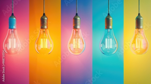 Vibrant Hanging Light Bulbs Against Colorful Gradient Backgrounds.