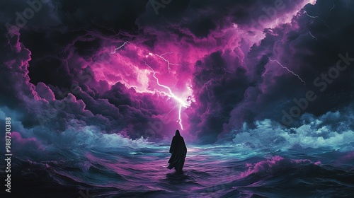 Epic Journey: A Mysterious Traveler in a Flowing Robe Navigates a Stormy Sea - Perfect Poster for Adventure and Sports Decor