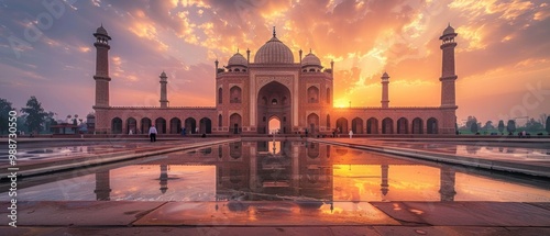 A sunset view of the Taj Mahal with golden light, symmetrical minarets, and a mirrored reflection in front, blending history and nature into a serene yet stunning scene. photo